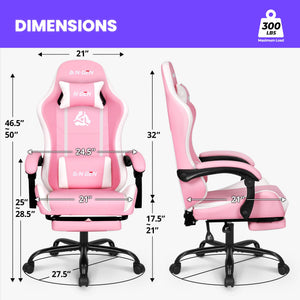 Video Gaming Chair with Footrest Lumbar Support for Home Office High Back Recliner Height Adjustable Ergonomic Comfy Leather Computer Desk Chair (Pink)