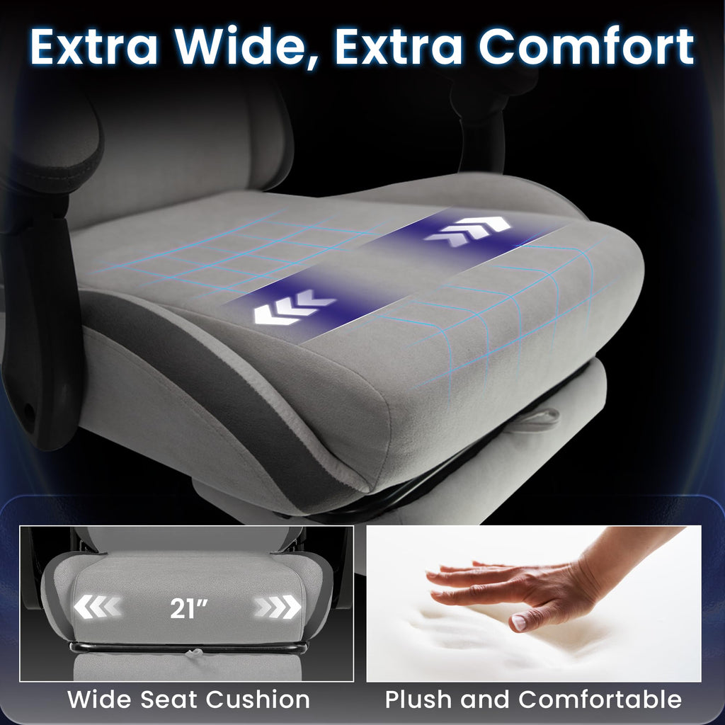 Video Gaming Chair with Footrest Lumbar Support for Home Office High Back Recliner Height Adjustable Ergonomic Comfy Fabric Computer Desk Chair (Grey)