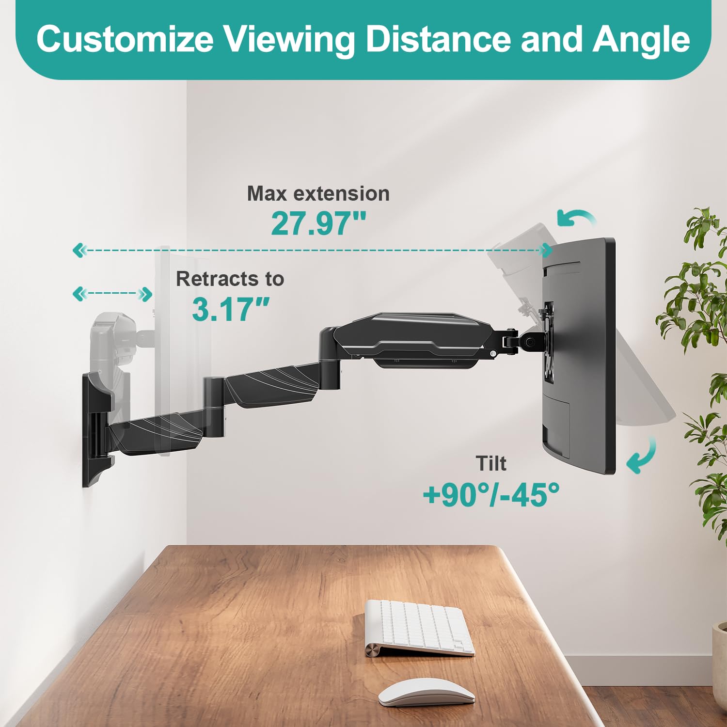 Monitor Wall Mount for 13 to 32 inch Computer Screen, Extra Long Adjustable Single Wall Mount Monitor Arm, Full Motion Vesa Wall Bracket 100x100, Hold up to 17.6lbs, Black