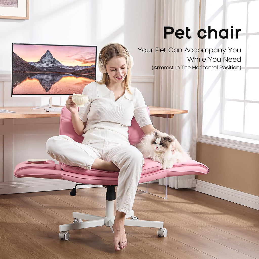 Criss Cross Office Chair, PU Leather Vanity Chair with 5-Level Adjustable Armrests & Swivel, Ergonomic Criss Cross Chair for Home Office Bedroom Makeup（Pink）
