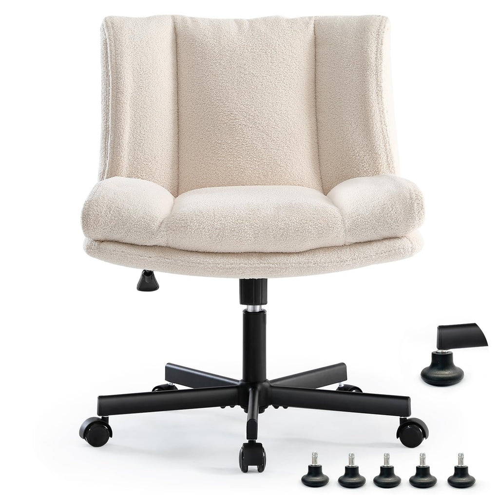 Criss Cross Chair with Wheels, Armless Makeup Chair with Wide Furry Seat, Height-Adjustable Vanity Chair, Convertible Between Fixed & Swivel Casters Office Chair Cross-Legged Chair - Cream