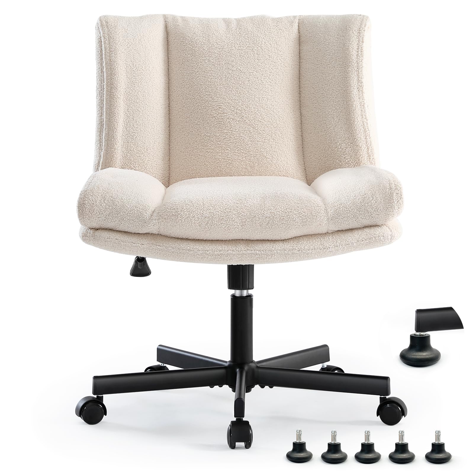 Criss Cross Chair with Wheels, Armless Makeup Chair with Wide Furry Seat, Height-Adjustable Vanity Chair, Convertible Between Fixed & Swivel Casters Office Chair Cross-Legged Chair - Cream