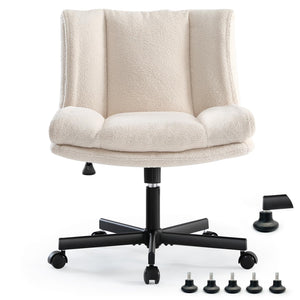 Criss Cross Chair with Wheels, Armless Makeup Chair with Wide Furry Seat, Height-Adjustable Vanity Chair, Convertible Between Fixed & Swivel Casters Office Chair Cross-Legged Chair - Cream