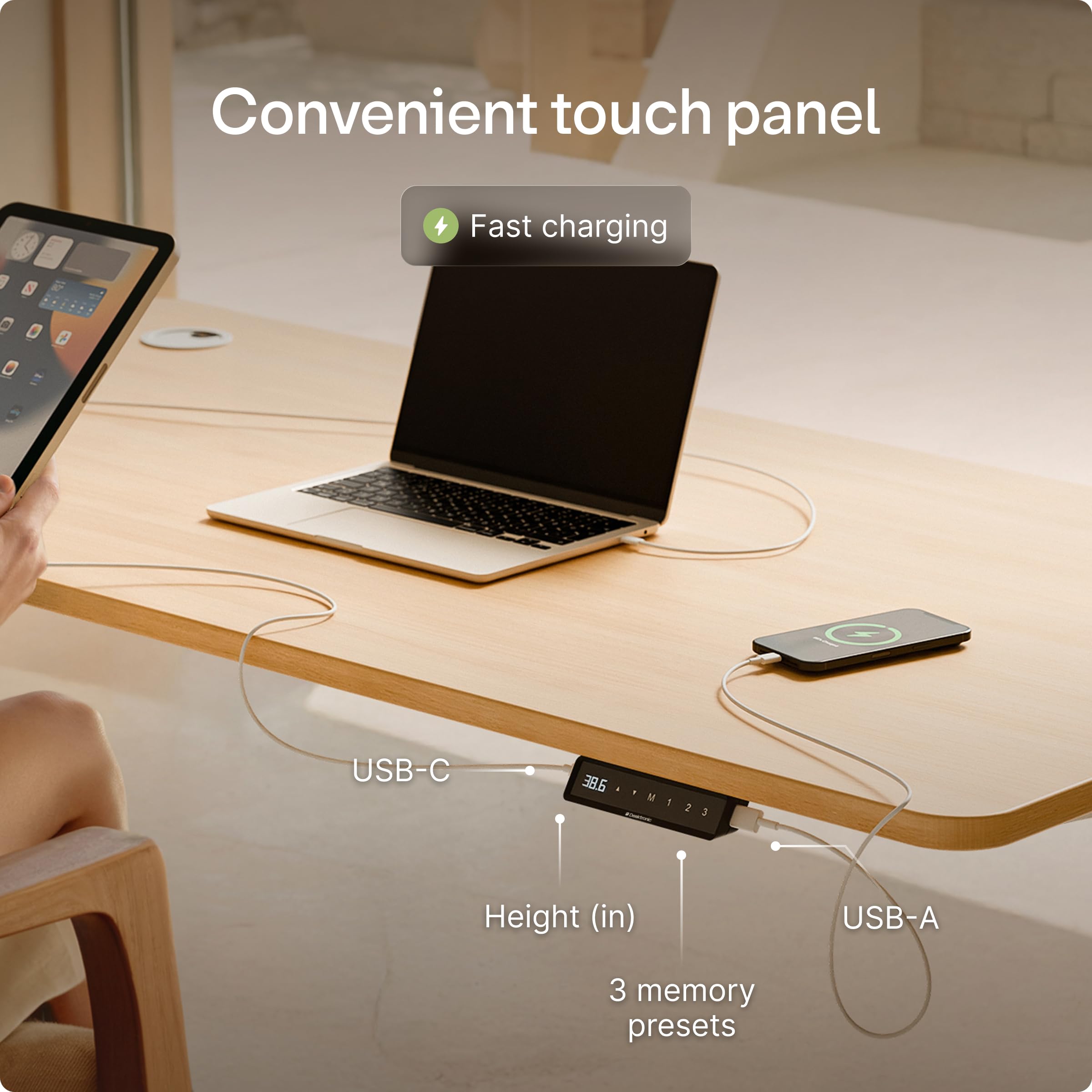 HomePro Standing Desk 70x30 — Made in Europe, Ergonomic Sit Stand Home Office Desk, Electric Height Adjustable, Dual Motor, USB & USB-C Charging, Wobble-Free, Touchscreen, 3 Memory Presets