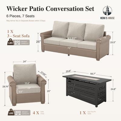 6-Piece Patio Furniture Set, All Weather 7 Seats Outdoor Wicker Sofa with 57