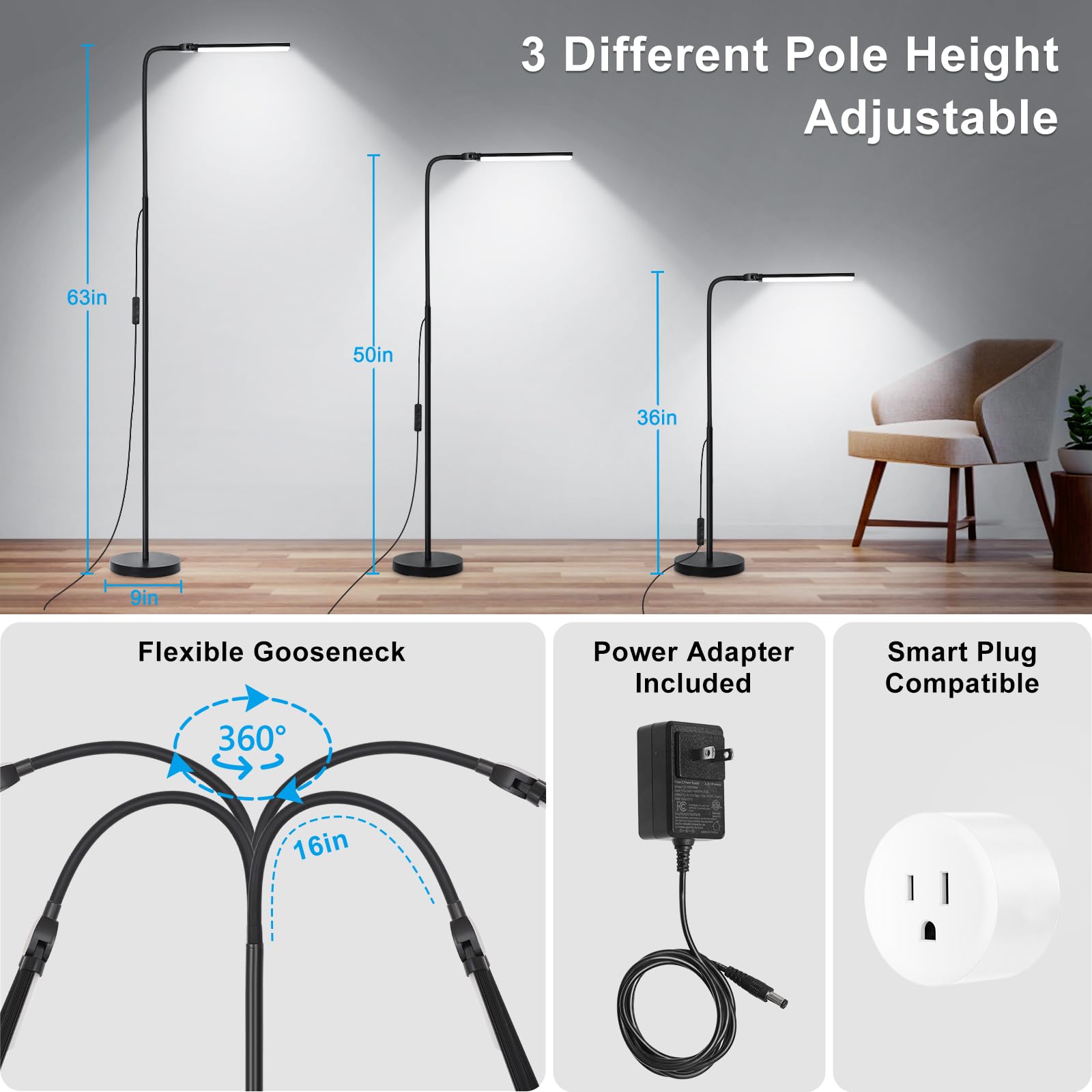LED Floor Lamp, 18W/2000LM Bright Reading Floor Lamp for Office with Double Head, Adjustable Gooseneck Dimmable Modern Standing Light for Lash Extension Craft, Eye Caring Floor Lamps for Living Room