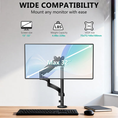 Single Long Monitor Arm - Computer Monitor Arm Desk Mount for 13-32 inch, Hold up to 19.8lbs, Extra Long Adjustable Stand, Full Motion Tall Arm, VESA 75/100mm, (GSDM001L)