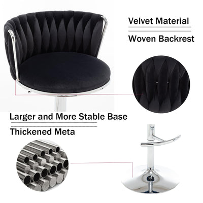 Velvet Bar Stools Set of 2, Swivel Counter Height Bar Stools with Back, Adjustable Woven Barstools for Kitchen Island, Pub, Club (Black)