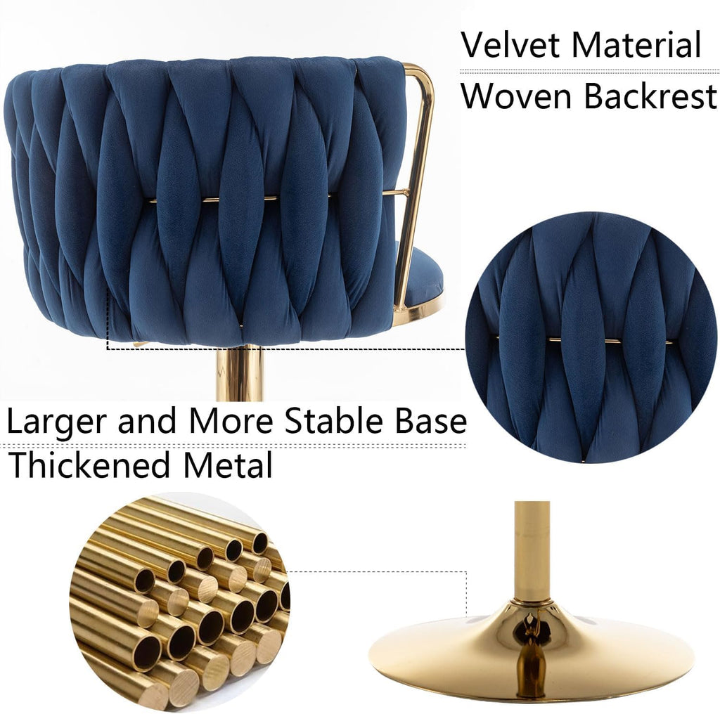Gold Velvet Bar Stools Set of 3, Swivel Counter Height Bar Stools with Back, Adjustable Woven Barstools for Kitchen Island, Pub, Club (Blue)
