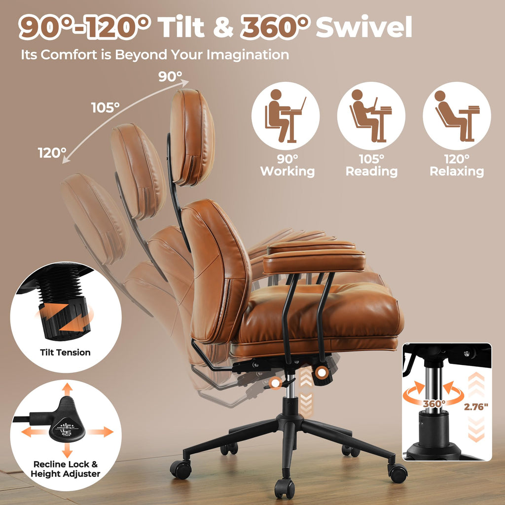 Ergonomic Office Chair, High Back Faux Leather Executive Chairs with Thick Cushion, Comfy Mid-Century Modern Swivel Rolling Computer Armchair (Brown, PU Leather)