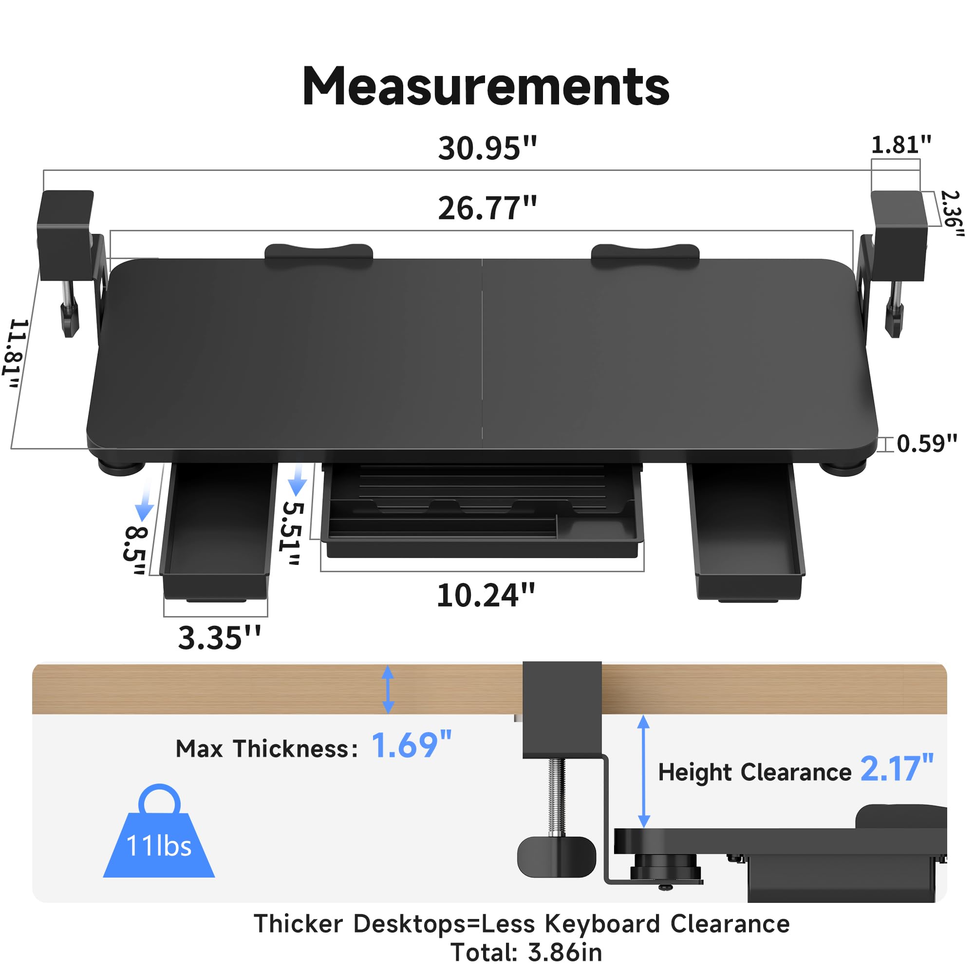 Keyboard Tray Under Desk with Storage Drawer Large C-Clamp 26.7”(31” Including Clamps) x 11.8” Slide-Out Platform Computer Drawer Pull Out Keyboard & Mouse Tray DSF7CT