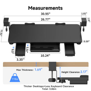 Keyboard Tray Under Desk with Storage Drawer Large C-Clamp 26.7”(31” Including Clamps) x 11.8” Slide-Out Platform Computer Drawer Pull Out Keyboard & Mouse Tray DSF7CT
