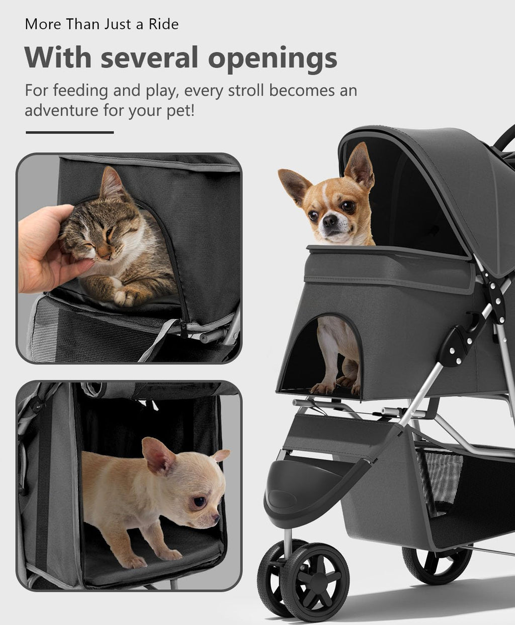 Pet Stroller with 3 Wheels for Small/Medium Pets, Portable Travel Foldable Carrier Jogger for Dog Cat Puppy Kitty, Rear Wheel Breaks, Storage Basket, Visible Mesh with Weather Cover (Black)