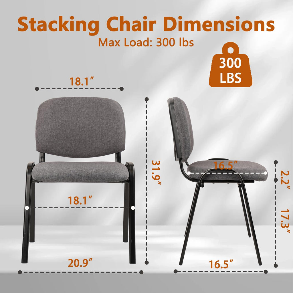 Set of 10 Stackable Waiting Room Chairs, Armless No Wheels Reception Chair with Upholstered Seat, Guest Chairs for Conference, Breakroom, Lobby, Events, Church, School, Hall, Hotel (Grey)