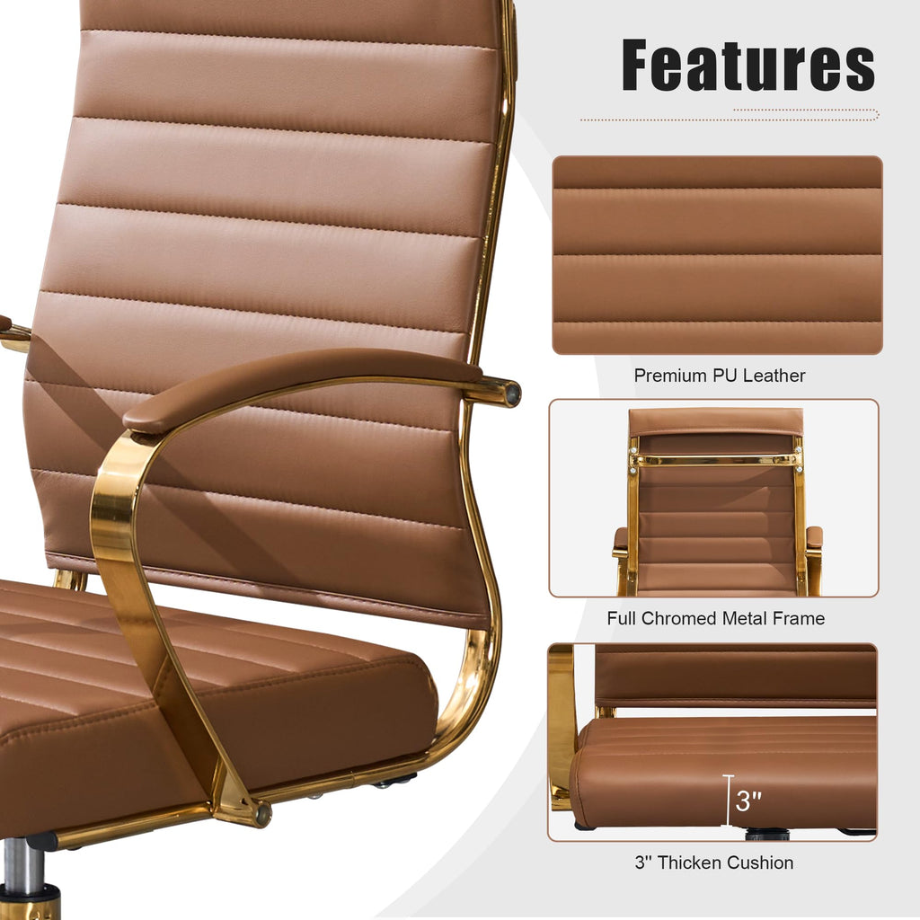 Gold Office Desk Chair, Ergonomic Leather Modern Conference Room Chairs, Executive Ribbed Height Adjustable Swivel Rolling Golden Chair for Home Office.