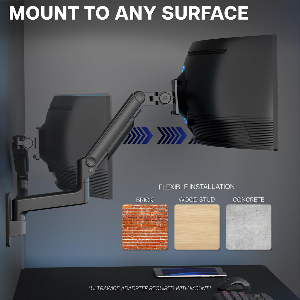Premium Ultrawide Monitor Counterbalance Wall Mount for up to 49 inch Screens, Holds 44 lbs, Full Motion, Max VESA 100x100, Black, MOUNT-V101V