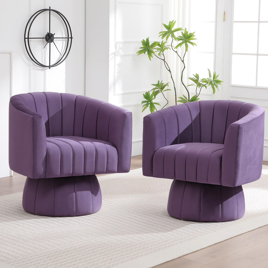 Swivel Accent Barrel Chair Set of 2, Cute Comfy Small Round 360° Arm Chair, Velvet Sofa Club Reading Chair for Living Room Bedroom Office Purple