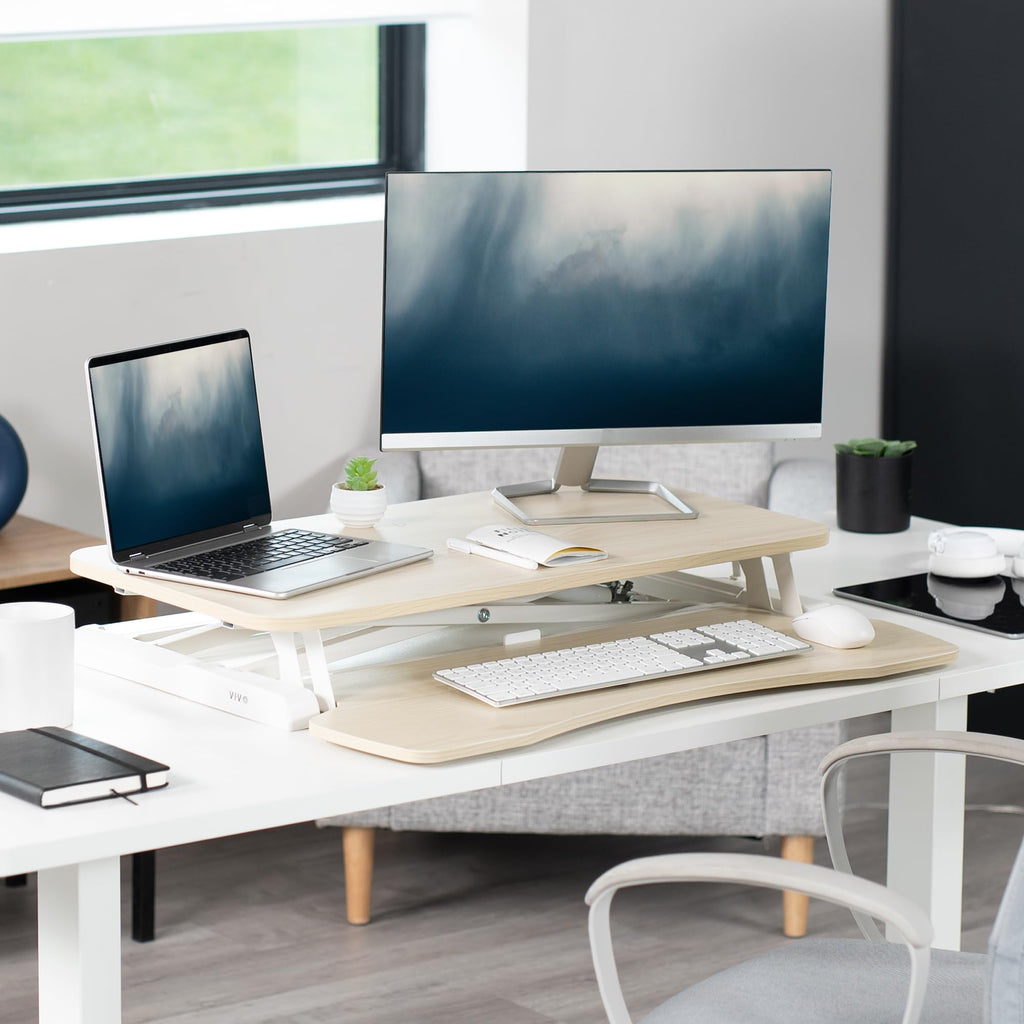 32 inch Desk Converter, K Series, Height Adjustable Sit to Stand Riser, Dual Monitor and Laptop Workstation with Wide Keyboard Tray, Light Wood Top, White Frame, DESK-V000KF