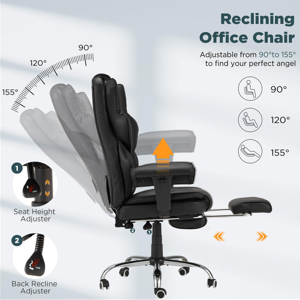 Ergonomic Executive Office Chair with 6-Point Vibration & Heat - Reclining Managerial Chair with Adjustable Footrest and Armrests,Big and Tall Leather Home Office Desk Chairs(Black)