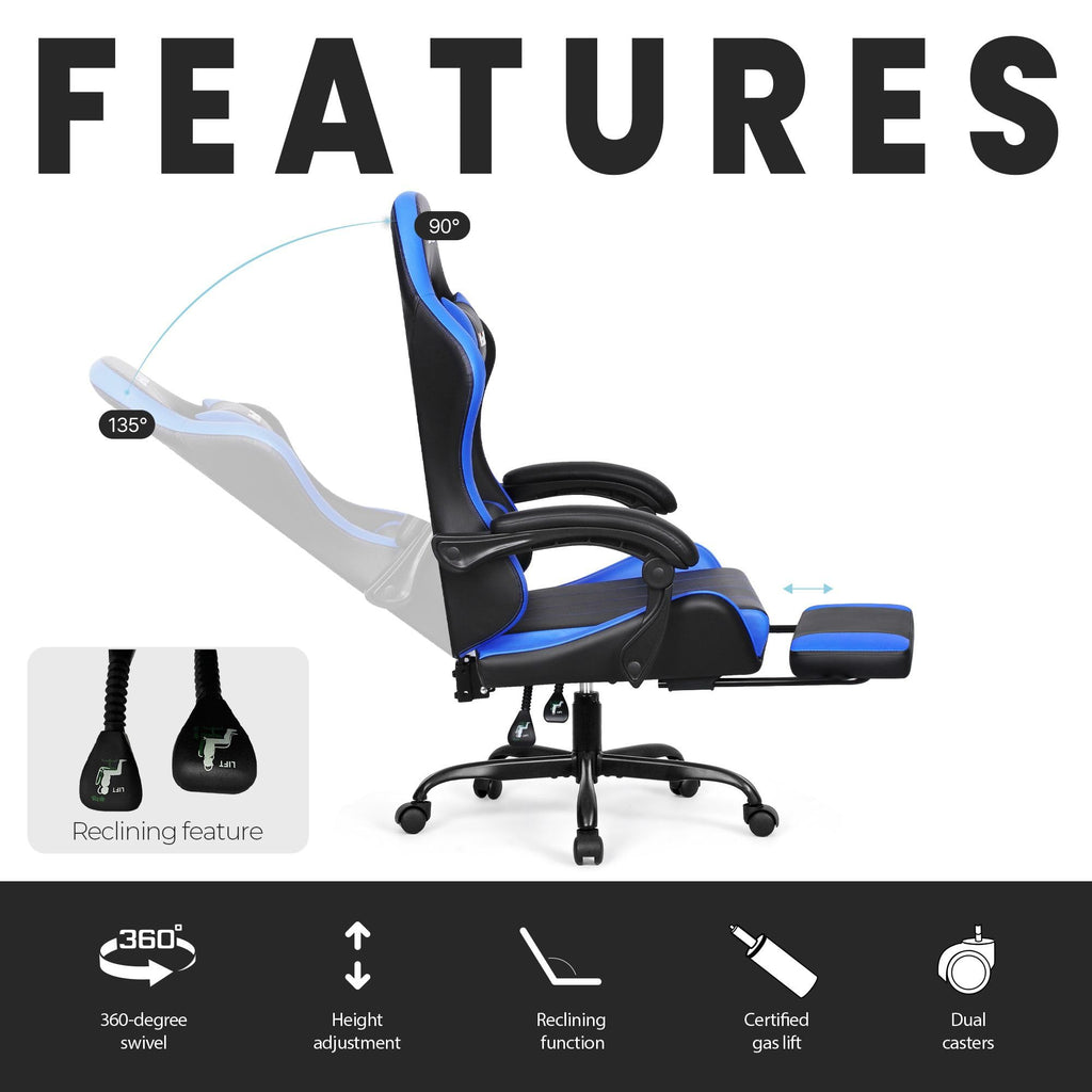 Video Gaming Chair with Footrest Lumbar Support for Home Office High Back Recliner Height Adjustable Ergonomic Comfy Leather Computer Desk Chair (Blue)