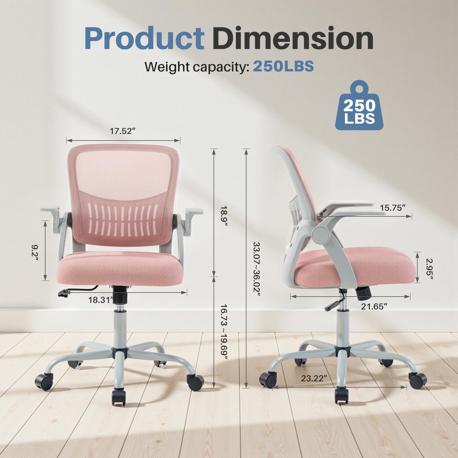 Home Office Managerial Executive Chair, Flip Up Armrest Ergonomic Mesh Adjustable Swivel Mid-Back Computer Desk Chair with Comfortable Lumbar Support, Comfy Arms for Bedroom,Study