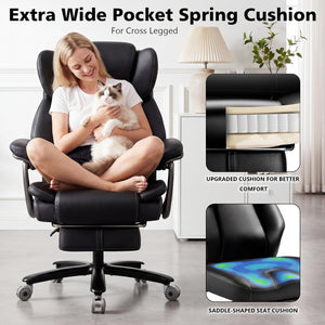 500lbs Heavy Duty Comfy Office Chair, Reclining Big and Tall Office Chair for Heavy People, High Back Executive Chair with Adjustable Lumbar Support,Pocket Spring Cushion