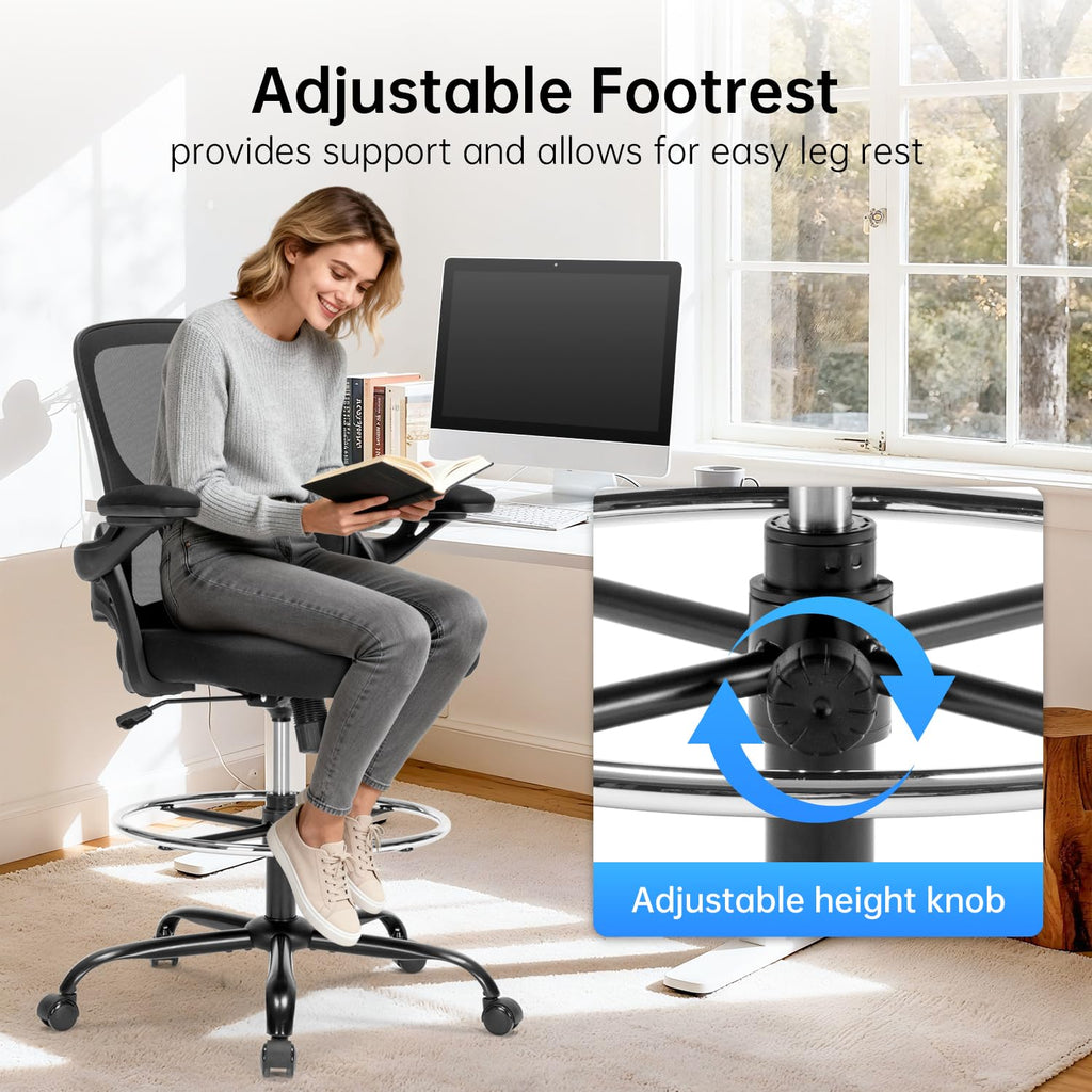 Drafting Chair Ergonomic Computer Standing Desk Chair with Flip-Up Arms and Lumbar Support, Tall Office Chair with Adjustable Footrest, Stool Counter Height Office Chairs Black