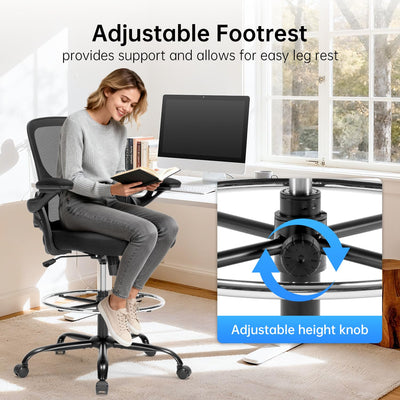 Drafting Chair Ergonomic Computer Standing Desk Chair with Flip-Up Arms and Lumbar Support, Tall Office Chair with Adjustable Footrest, Stool Counter Height Office Chairs Black