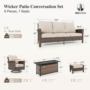 Wicker Patio Furniture Set, High Back Swivel Chairs with 5.5-Inch Thick Cushions, 6-Piece Outdoor Deep Seating Conversation Sets with Fire Pit Table & Ottomans for Deck Yard Garden, Beige