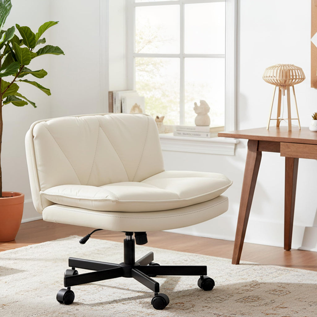 Criss Cross Chair with Wheels, Cross Legged Office Chair, Armless, 2 Layer Scratch-Resistant Pu Leather Swivel for Home Office,Makeup Vanities & Dressing Tables,Beige