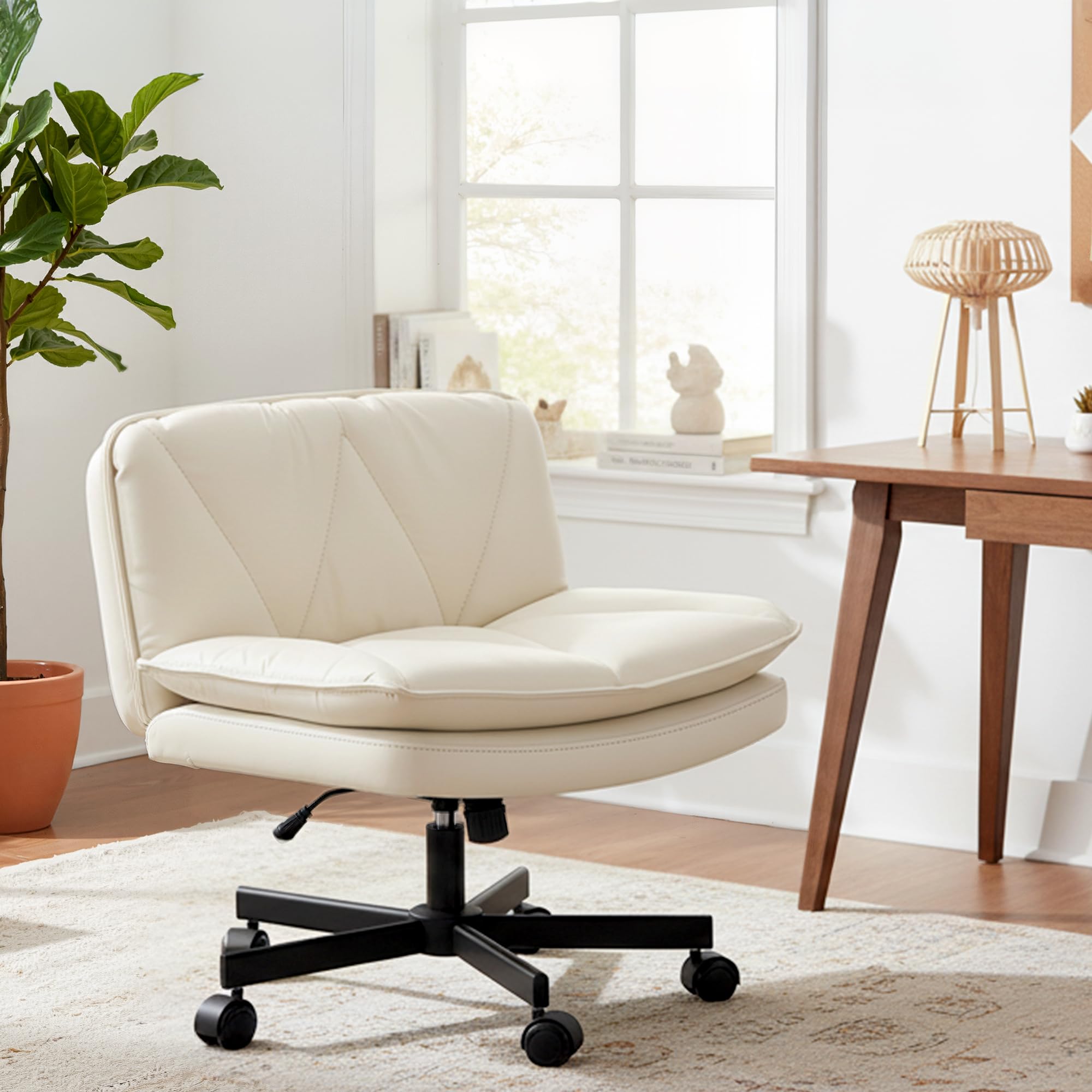 Criss Cross Chair with Wheels, Cross Legged Office Chair, Armless, 2 Layer Scratch-Resistant Pu Leather Swivel for Home Office,Makeup Vanities & Dressing Tables,Beige