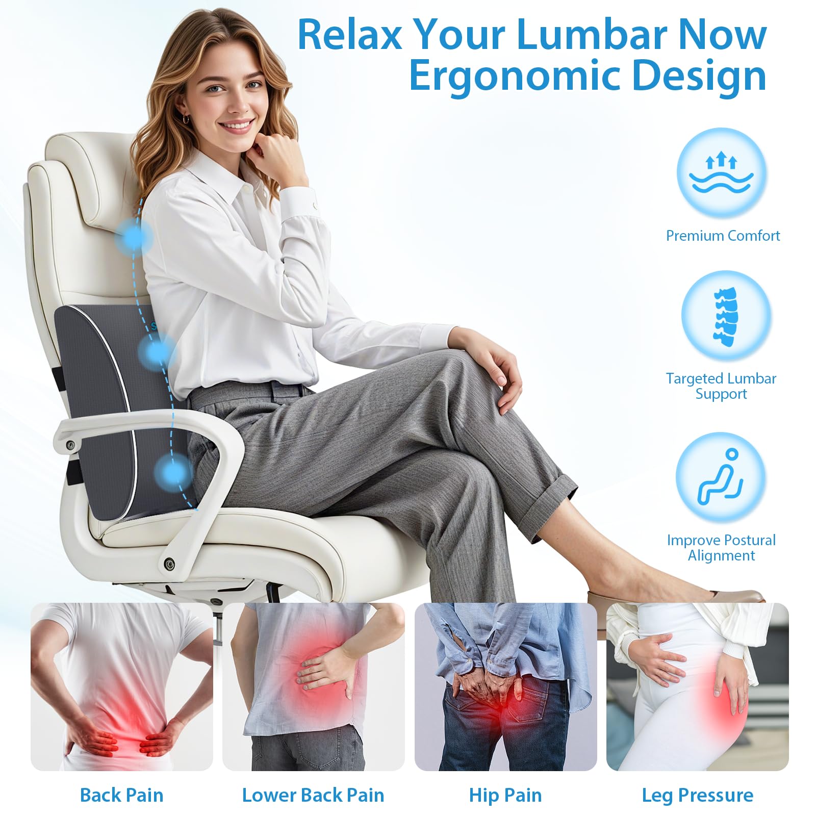 Lumbar Support Pillow for Office Chair, Car Seats and Home Desks, Ergonomic Back Support with Double Adjustable Straps, Machine Washable Cover, Gray