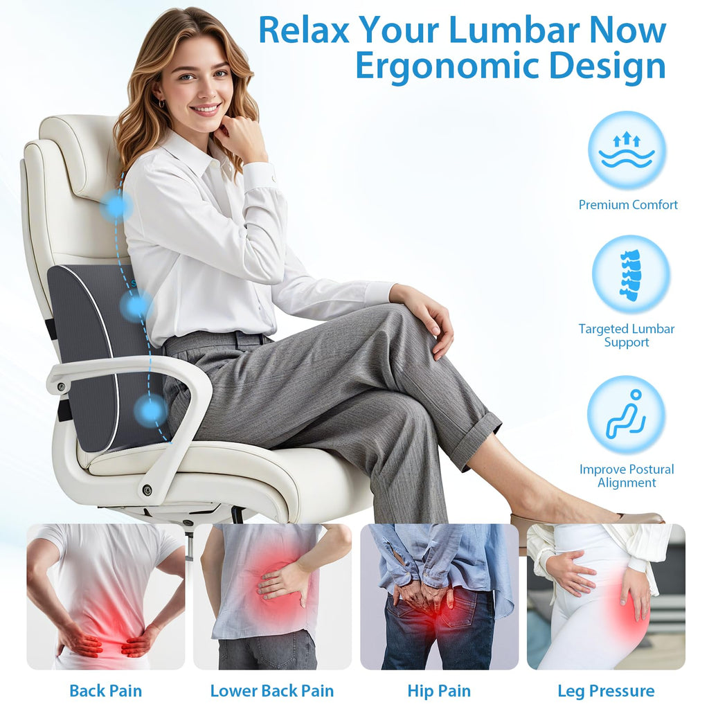 Lumbar Support Pillow for Office Chair, Car Seats and Home Desks, Ergonomic Back Support with Double Adjustable Straps, Machine Washable Cover, Gray