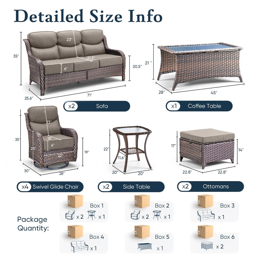 Luxury 6" Thick Cushioned 11 Pieces Patio Furniture Set with Outdoor Couch, Wicker Outdoor Conversation Set with High Back Swivel Rocker Chairs for Deck Porch Yard and Poolside - Brown+Grey