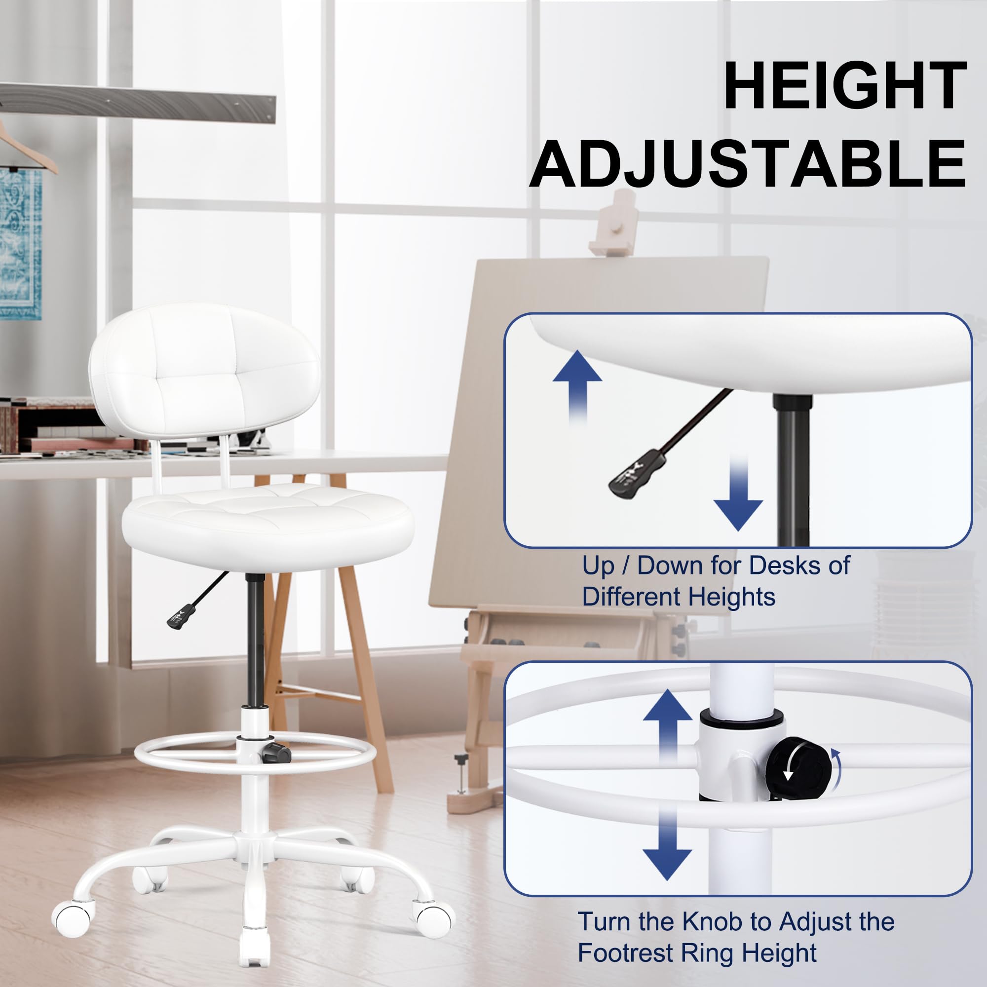 Drafting Chair, Armless Tall Office Chair with Footrest Ring for Standing Desk, Small Faux Leather Executive Computer Chair with Adjustable Height for Bar Lab Counter Height Desk, White