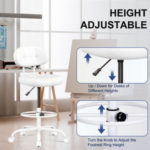 Drafting Chair, Armless Tall Office Chair with Footrest Ring for Standing Desk, Small Faux Leather Executive Computer Chair with Adjustable Height for Bar Lab Counter Height Desk, White