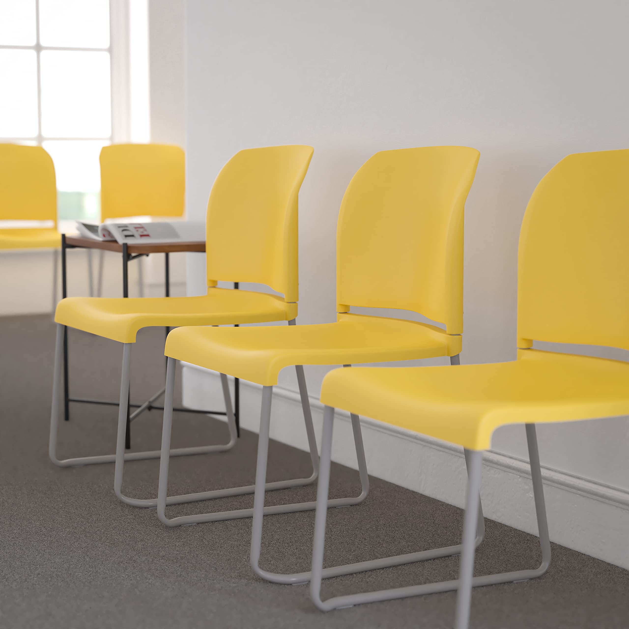 5 Pack, HERCULES Series  880 lb. Capacity Yellow Full Back Contoured Stack Chair with Gray Powder Coated Sled Base