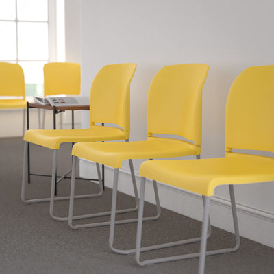 5 Pack, HERCULES Series  880 lb. Capacity Yellow Full Back Contoured Stack Chair with Gray Powder Coated Sled Base
