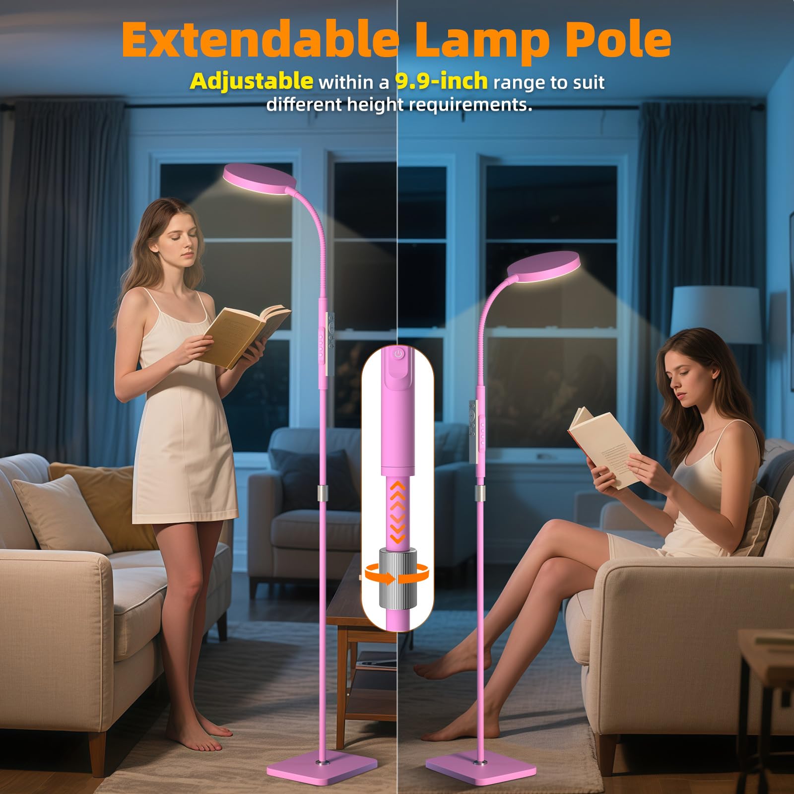 Floor Lamp, Adjustable Height Floor Lamps for Living Room Bedroom, 120 LED Super Bright Standing Lamp Remote Control Dimmable Gooseneck Tall Stand Reading Lamp for Office Craft, Pink