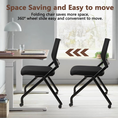 40PACK, Stackable & Foldable Chairs with Wheels, Reception Guest Chairs with Lumbar Support, Ergonomic Mesh Back Folding Chair for Office Schools Training Conference Waiting Room, Black,