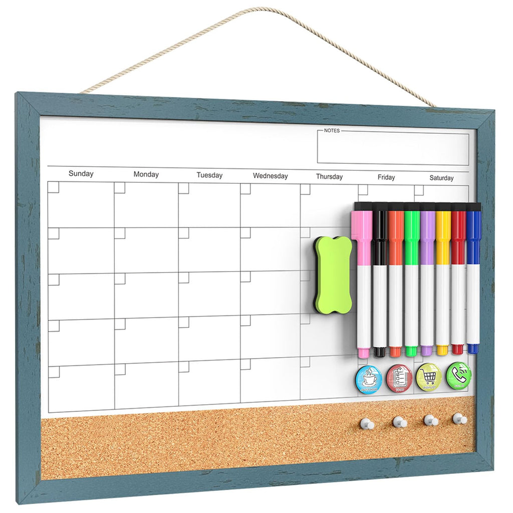 Whiteboard Calendar & Corkboard for Wall, 17x13 Inches Dry Erase Monthly Calendar with Wood Framed, Magnetic White Board Cork Board Combo, Bulletin Board for Home Office Kitchen Memo Planner