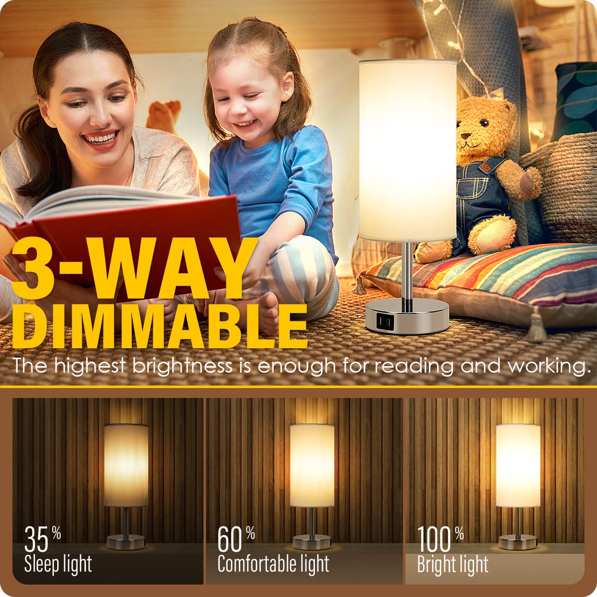 Bedside Lamp with USB Port - Touch Control Table Lamp for Bedroom 3 Way Dimmable Nightstand Lamp with Round White Fabric Shade for Living Room, Dorm, Home Office (LED Bulb Included)
