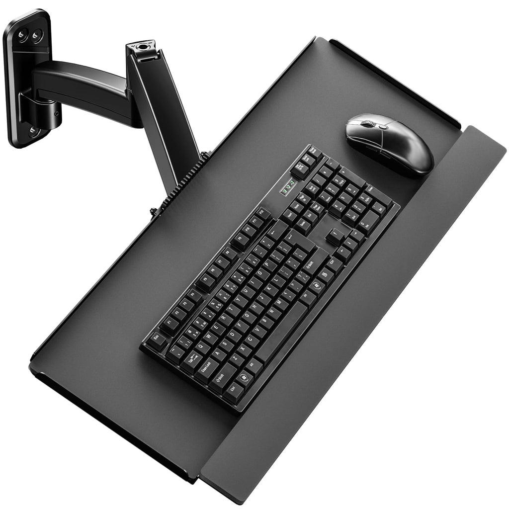 Keyboard Tray Wall Mount,Sit-Stand 26 Inch Keyboard and Mouse Stand,Height Adjustable Typing Platform,360 Degree Rotation, Holds up to 19.8 lbs, Black