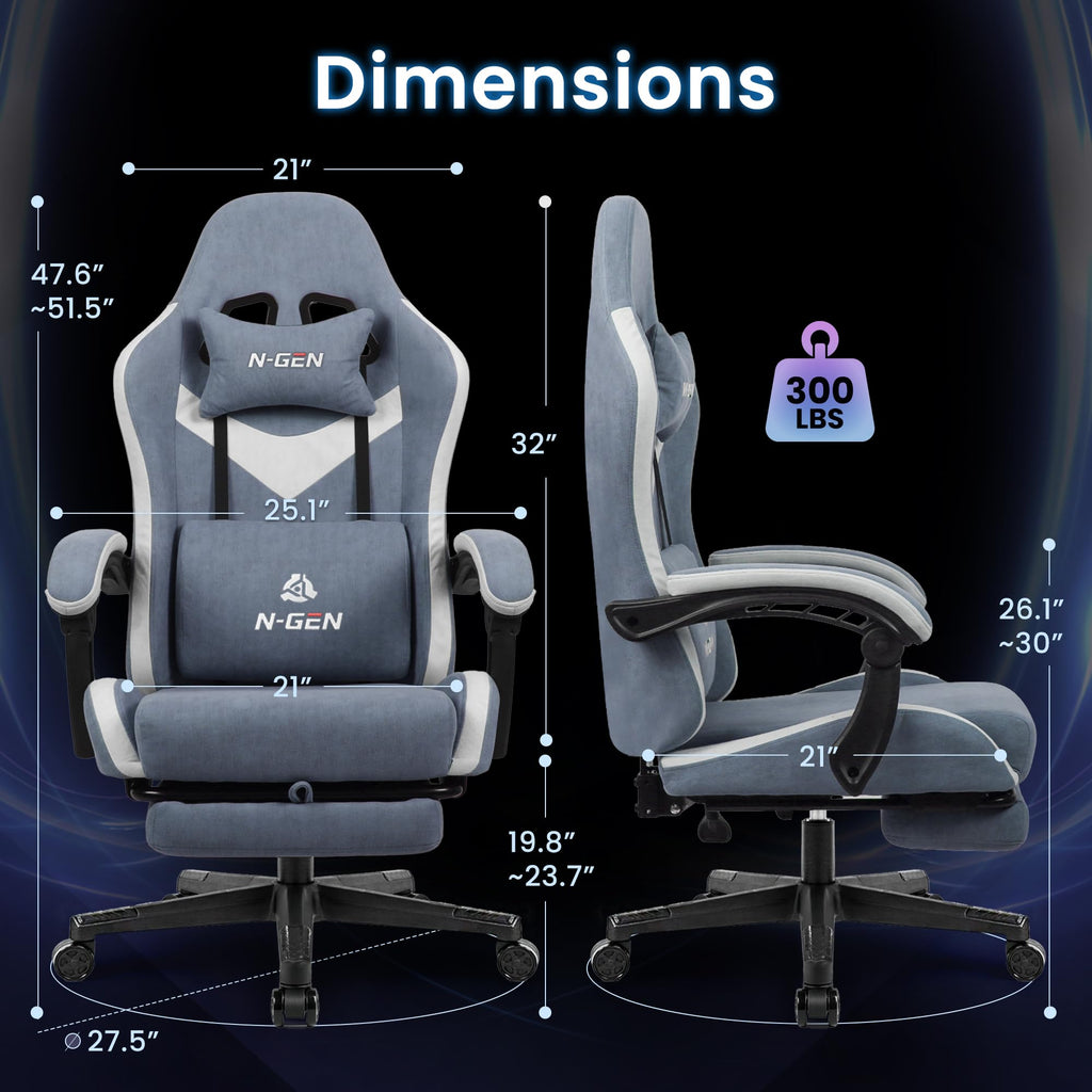 Video Gaming Chair with Footrest Lumbar Support for Home Office High Back Recliner Height Adjustable Ergonomic Comfy Fabric Computer Desk Chair (Blue)