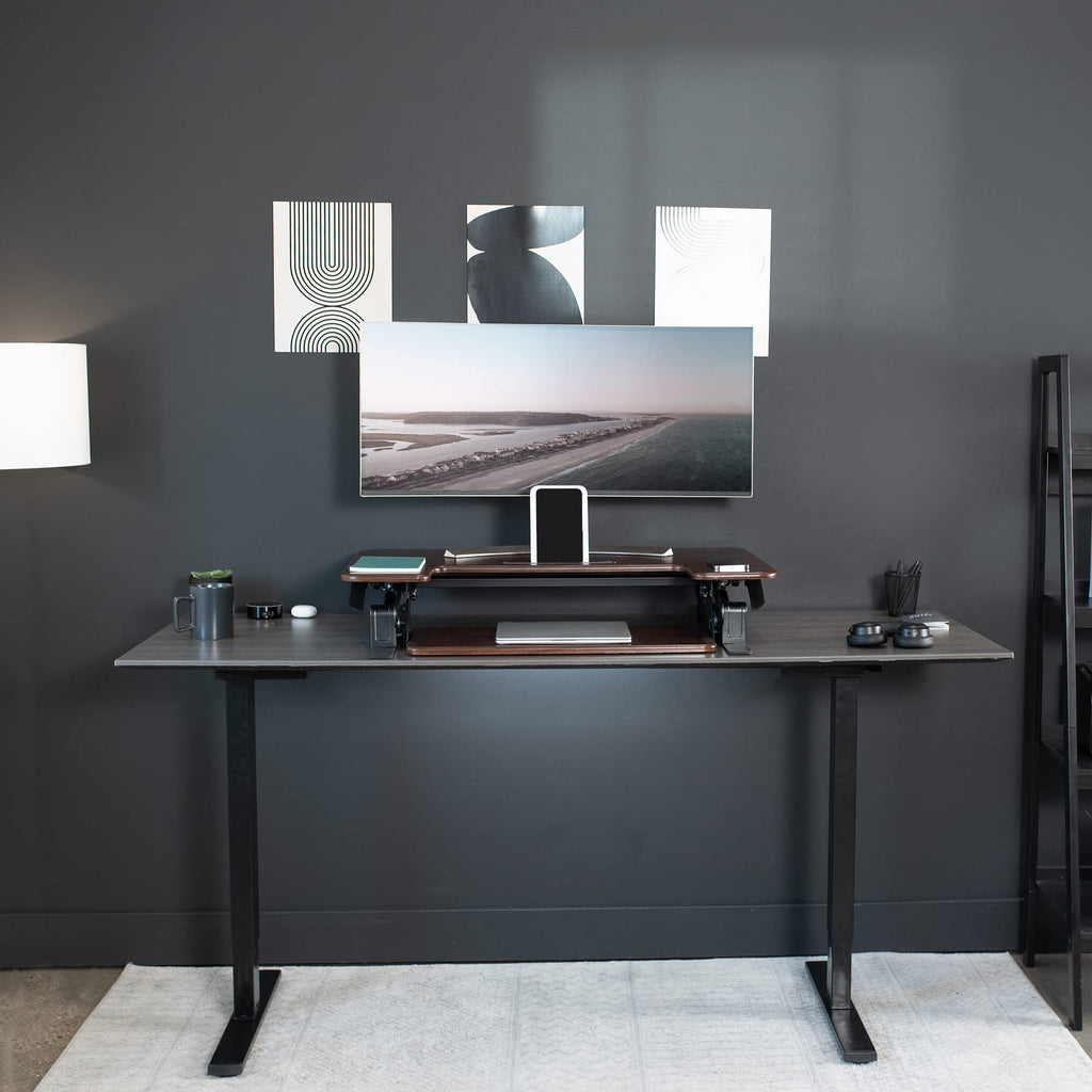 42 inch Height Adjustable Stand Up Desk Converter, V Series, Quick Sit to Stand Tabletop Dual Monitor Riser Workstation, Dark Walnut Top, Black Frame, DESK-V000VLD