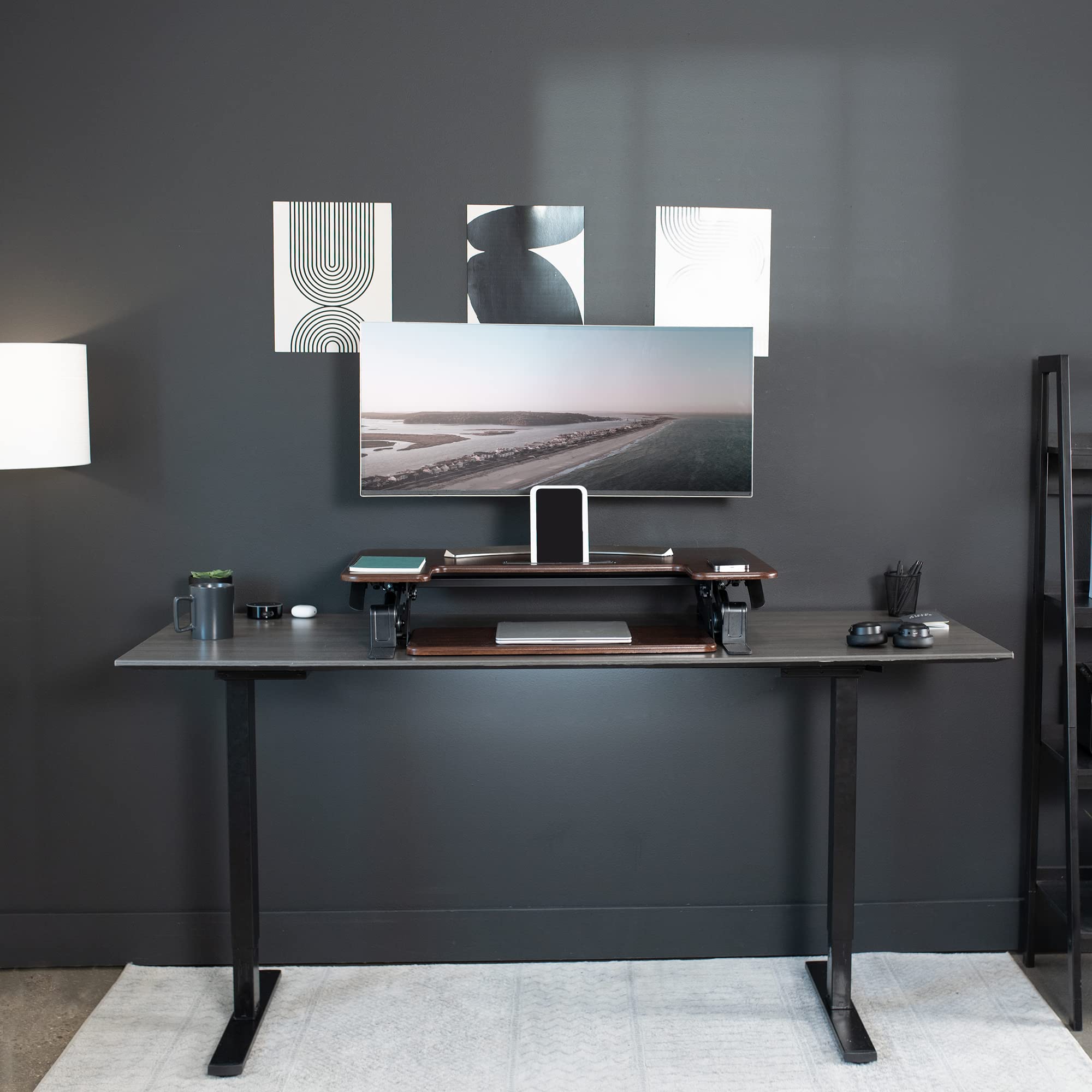 42 inch Height Adjustable Stand Up Desk Converter, V Series, Quick Sit to Stand Tabletop Dual Monitor Riser Workstation, Dark Walnut Top, Black Frame, DESK-V000VLD
