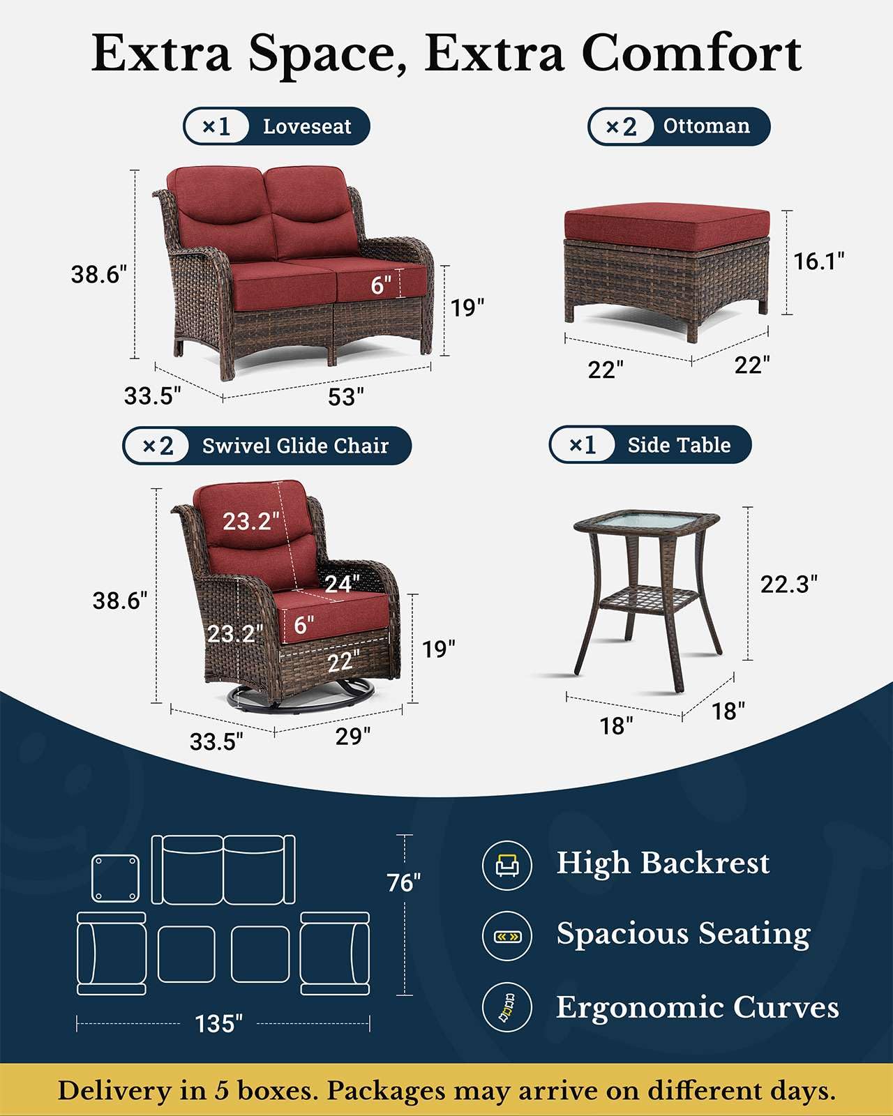Luxury Patio Furniture Set with 6-inch Thick Cushion, Outdoor Loveseat and High Back Swivel Rocker Patio Chairs, 6PCS Wicker Conversation Set for Deck Yard and Poolside, Burgundy (V2)