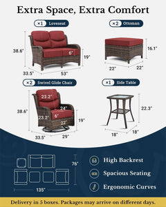 Luxury Patio Furniture Set with 6-inch Thick Cushion, Outdoor Loveseat and High Back Swivel Rocker Patio Chairs, 6PCS Wicker Conversation Set for Deck Yard and Poolside, Burgundy (V2)