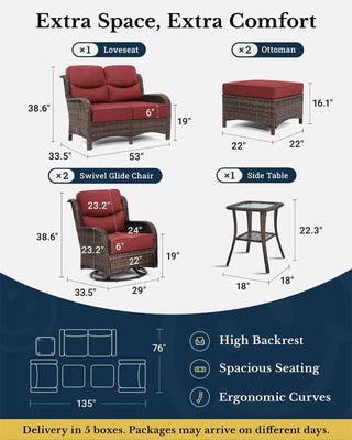 Luxury Patio Furniture Set with 6-inch Thick Cushion, Outdoor Loveseat and High Back Swivel Rocker Patio Chairs, 6PCS Wicker Conversation Set for Deck Yard and Poolside, Burgundy (V2)
