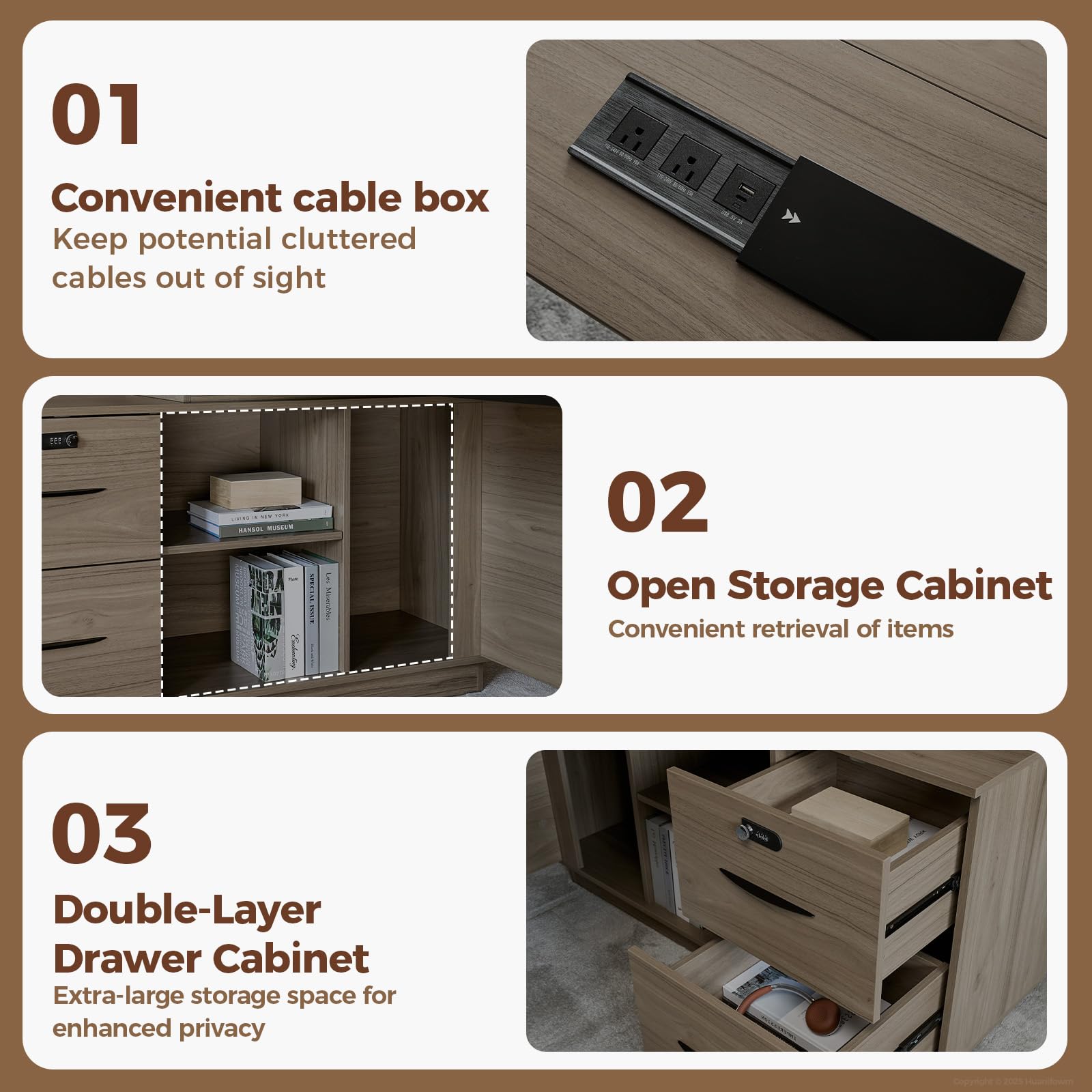 L-Shaped Executive Workstation with Lockable Drawers, 63” Large Office Furniture with Storage Cabinet & Cable Management, Reversible Home Office Setup (Black Walnut,63" L*32" W*30" H)